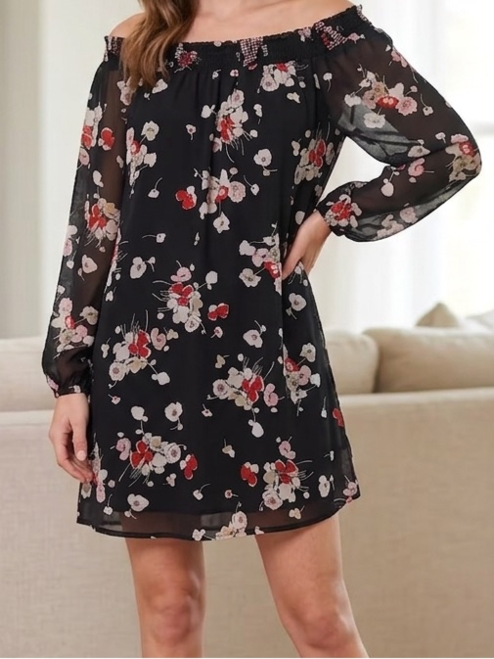 Socialite Black Floral Smocked Off-Shoulder Dress
